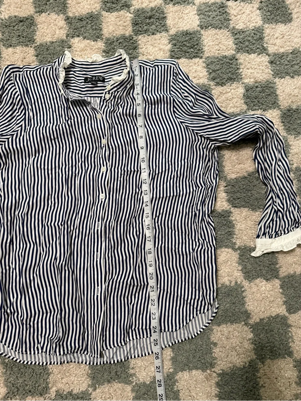 J. Crew Women’s Navy and White Vertical Stripe Button Down Shirt Ruffle Trim Lg